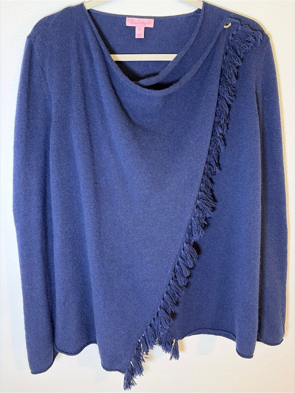 Lilly Pulitzer 100% Cashmere Fringe Asymmetrical Wrap Sweater Navy Blue Luxe M